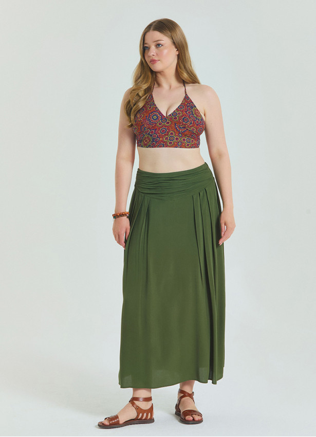 Khaki Plus Size Skirt with Elastic Waist and Drape Detail 4602
